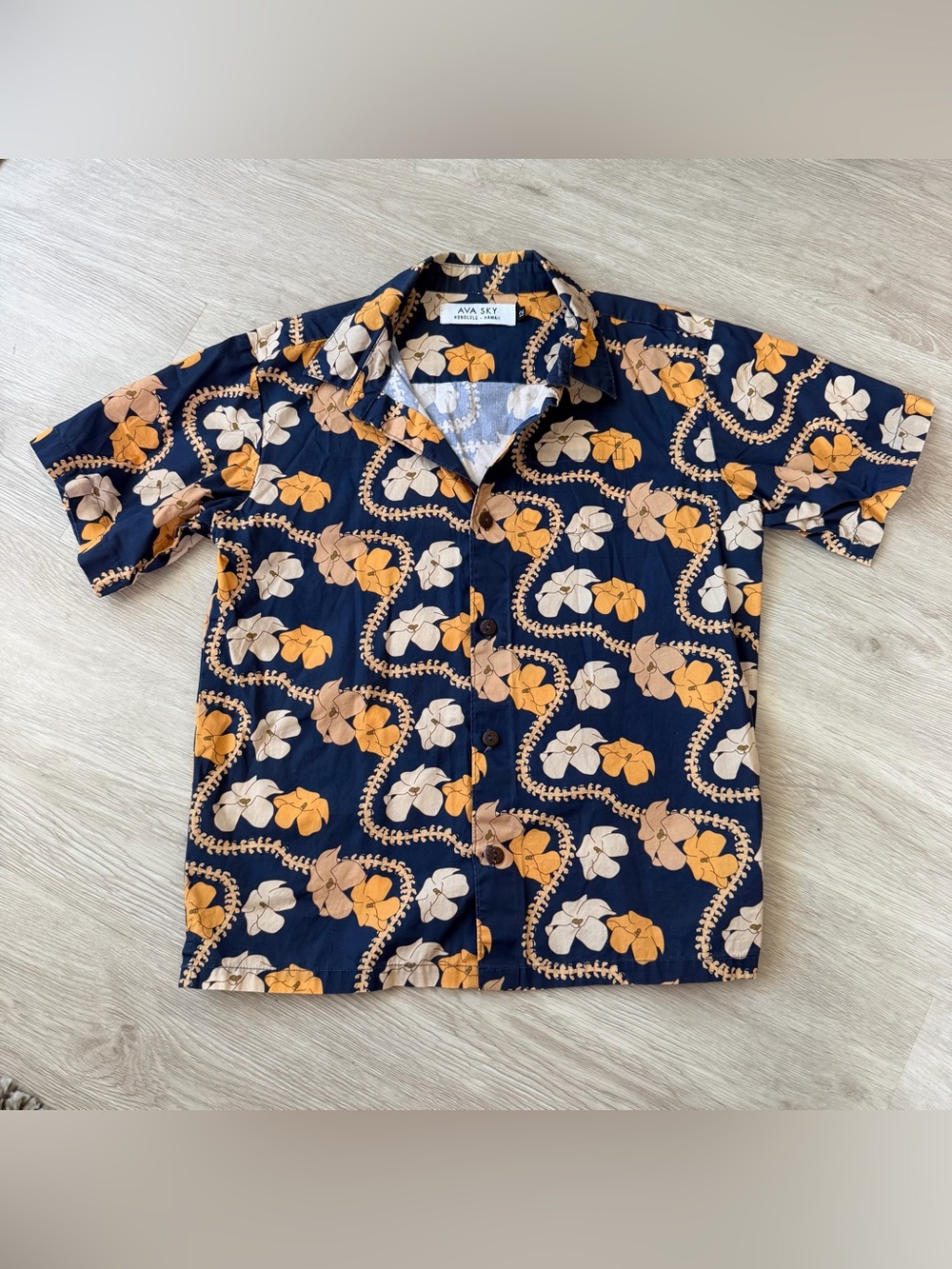 Ava Sky Shirt Hunter Blue and Gold Puakenikeni Size 12